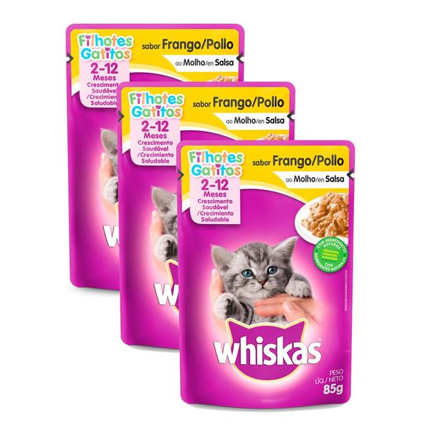 Kit 3 Ração para Gatos Whiskas Filhotes 2-12 Meses Sachê Sabor Frango ao Molho 85g Imagem de Kit 3 Ração para Gatos Whiskas Filhotes 2-12 Meses Sachê Sabor Frango ao Molho 85g