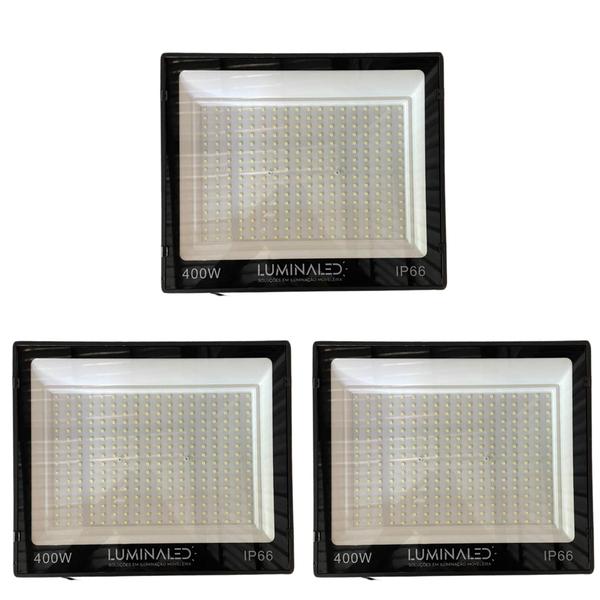 Kit 3 Refletor Holofote 400w Carcaça Preto Ip66 Bivolt Slim Jardim Até 80% Economia de Energia Comercio Branco Frio 6500k - Luminaled Imagem de Kit 3 Refletor Holofote 400w Carcaça Preto Ip66 Bivolt Slim Jardim Até 80% Economia de Energia Comercio Branco Frio 6500k