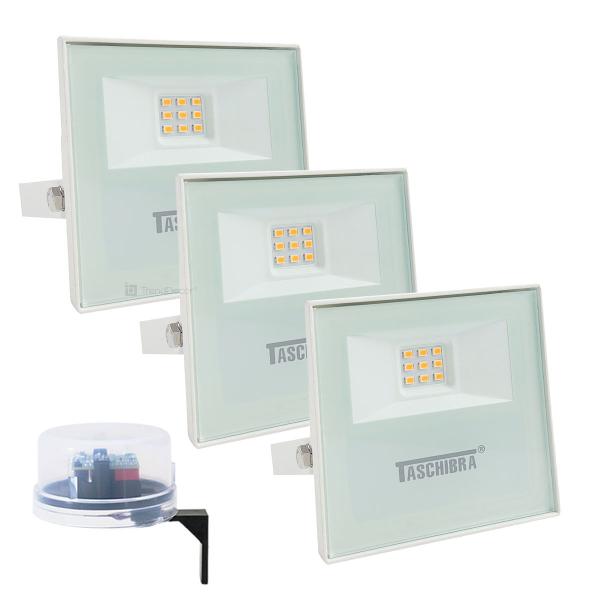 Imagem de Kit 3 Refletores LED Taschibra TR 10 Slim Branco + Relé Fotocélula Qualitronix QR51 Corujito