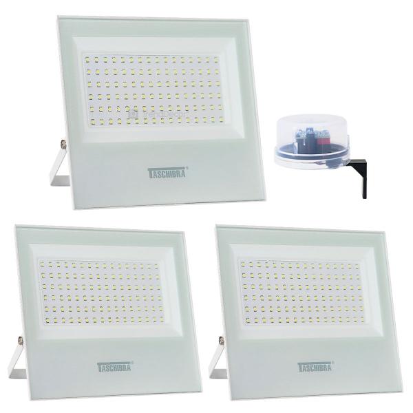 Imagem de Kit 3 Refletores LED Taschibra TR 100 Slim Branco + Relé Fotocélula Qualitronix QR51 Corujito