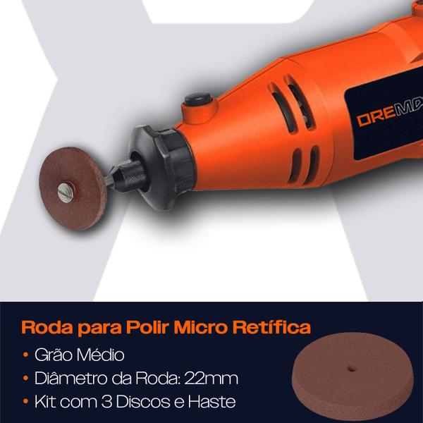 Imagem de Kit 3 Rodas de Borracha 22mm Polir Haste 3mm Micro Retíficas