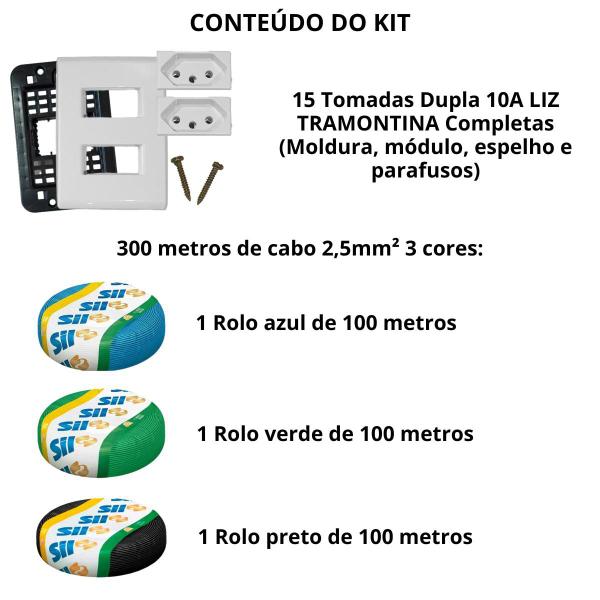 Imagem de Kit 3 Rolo Cabo Flexivel SIL 2,5mm² 100m 15 Tomada Dupla 10A