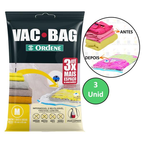 Imagem de Kit 3 Saco A Vacuo Médio 45x65cm Vac Bag Protetor Ordene