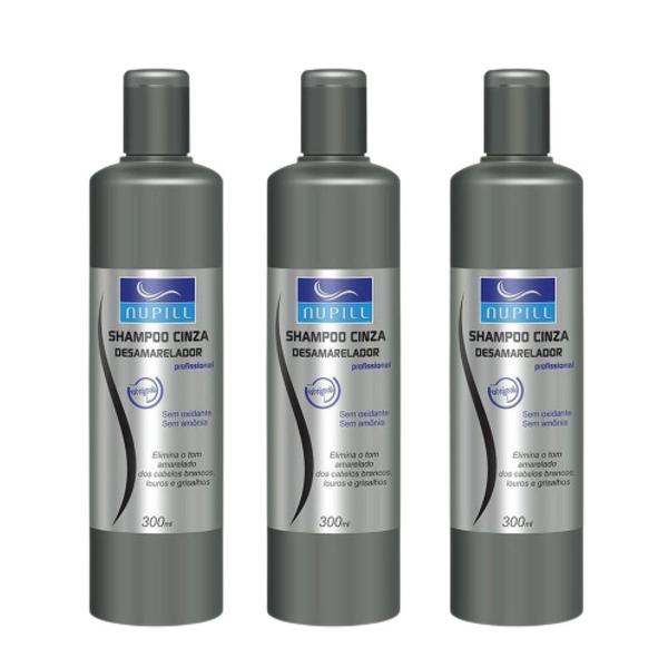 Imagem de Kit 3 Shampoos Cinza Desamarelador Cabelos Brancos Louros ou Grisalhos Nupill 300ml