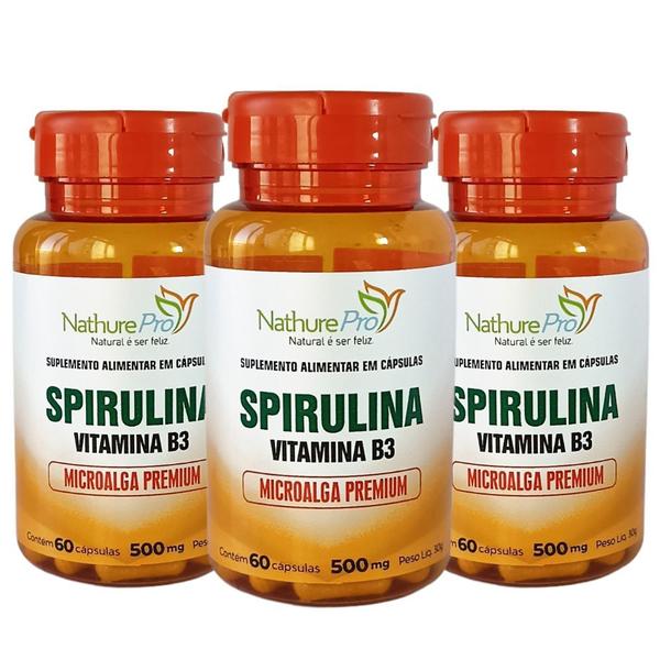 Imagem de Kit 3 Spirulina Vitamina B3 Microalga Premium 60 Cápsulas 500mg