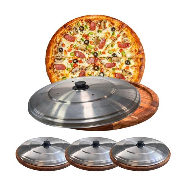 Imagem de Kit 3 Suportes Bandeja Para Cortar E Servir Pizza 40Cm Com Tampas