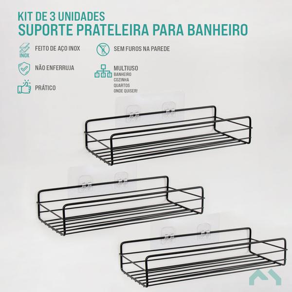 Imagem de Kit 3 Suportes Prateleiras De Banheiro Metal Preto Inox