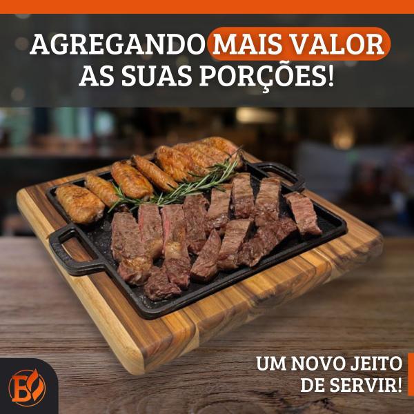 Imagem de Kit 3 Tábuas De Churrasco e Porção Quadrada Com Chapas de Ferro Fundido