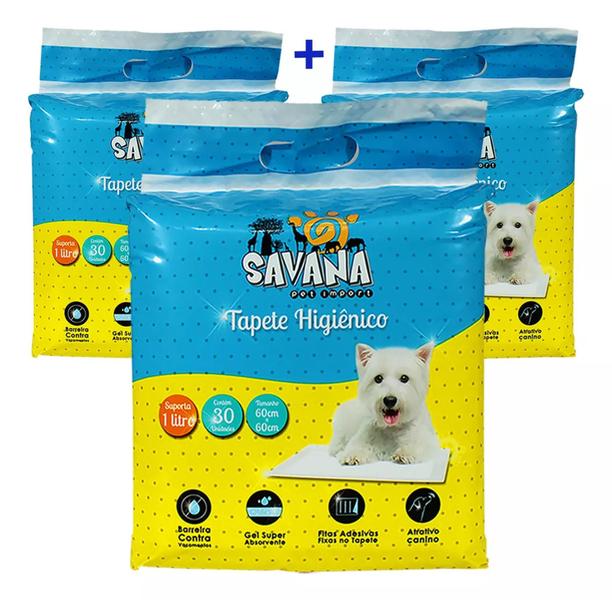 Imagem de Kit 3 Tapete Para Cachorro Higiênico 90un Savana Pet 60x60cm