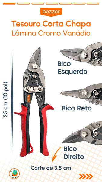 Imagem de Kit 3 Tesoura Aviação 25 cm Corta Chapa Bico Esquerdo Reto Direito Serralheiro Calha Rufo Marceneiro Tapeceiro Pvc