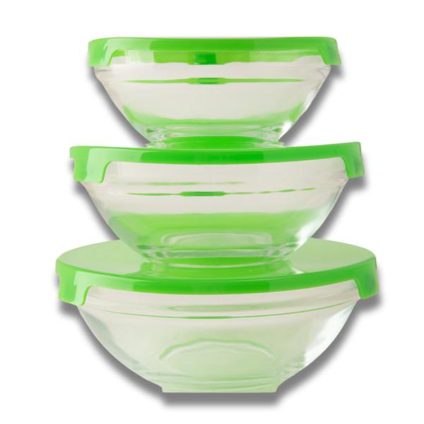 Imagem de Kit 3 Tigela Vidro Bowl Multiuso Funda Saladeira Com Tampa Verde