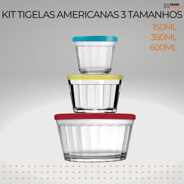 Imagem de Kit 3 Tigelas Americano C/ Tampas Sortidas 150ML 350ml 600ml