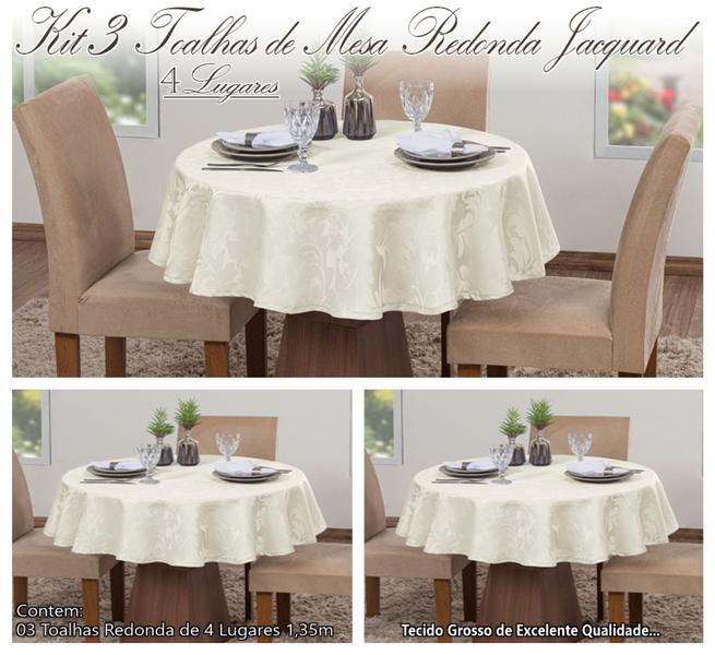Kit 3 Toalhas De Mesa Luxo Redonda 4 Lugares Sala Jantar Jacquard - Raga Decorações Imagem de Kit 3 Toalhas De Mesa Luxo Redonda 4 Lugares Sala Jantar Jacquard