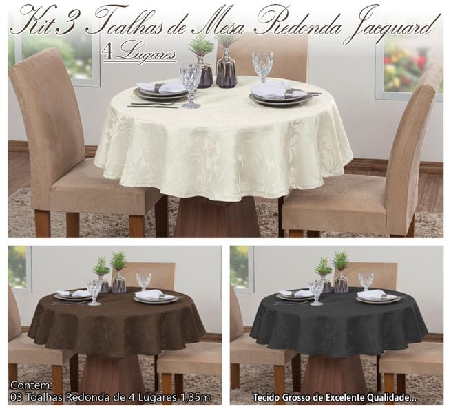 Imagem de Kit 3 Toalhas De Mesa Luxo Redonda 4 Lugares Sala Jantar Jacquard