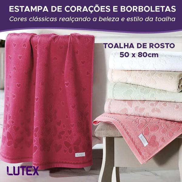 Imagem de Kit 3 Toalhas de Rosto Aveludada Romance Dohler Macia Algodão Jacquard Fio Penteado Coração Borboleta