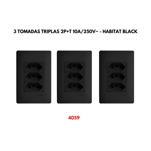 Imagem de Kit 3 Tomadas Pretas triplas 2P+T 10A/250V com placa Série Habitat Black - Fame