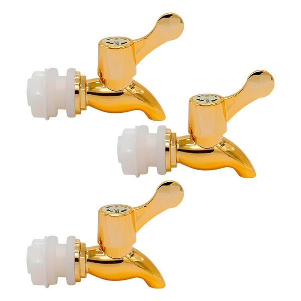 Kit 3 Torneiras para Suqueira Dispenser Plástico Dourada Luxo Filtro com Vedação - Lemis Imagem de Kit 3 Torneiras para Suqueira Dispenser Plástico Dourada Luxo Filtro com Vedação