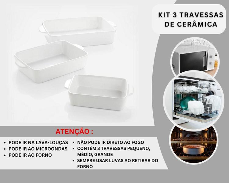 Imagem de Kit 3 Travessa Ceramica Branca Assadeira Com Alça Mesa