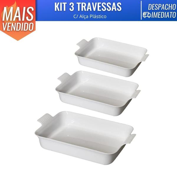 Imagem de Kit 3 Travessas Retangular M P G C/ Alças Branca Le Chef Tigela Para Servir Vasilha Cozinha
