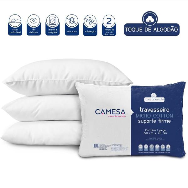 Imagem de Kit 3 Travesseiros Micro Cotton Toque Macio 50cm x 70cm Suporte Firme Camesa