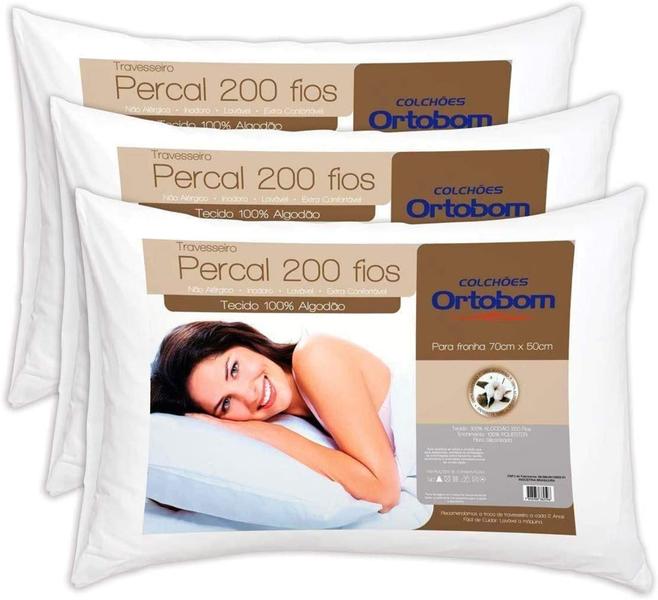 Imagem de Kit 3 Travesseiros Ortobom Percal 200 Fios 50 Cm x 70 Cm - Barros Baby Store