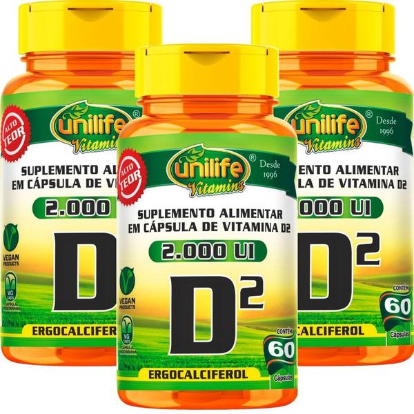 Kit 3 Un Vitamina D2 Ergocalciferol 2000 Ui 180 Cáps Unilife Imagem de Kit 3 Un Vitamina D2 Ergocalciferol 2000 Ui 180 Cáps Unilife