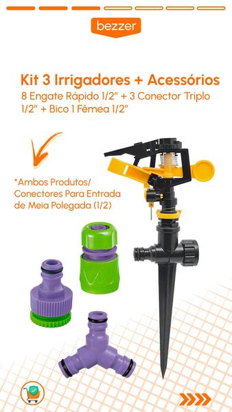 Imagem de Kit 3 Unidades Aspersor de Irrigação Ajustável tipo Espiga Setorial Jardim Horta e Afins Conector 1/2 e 3/4 Jato Spray