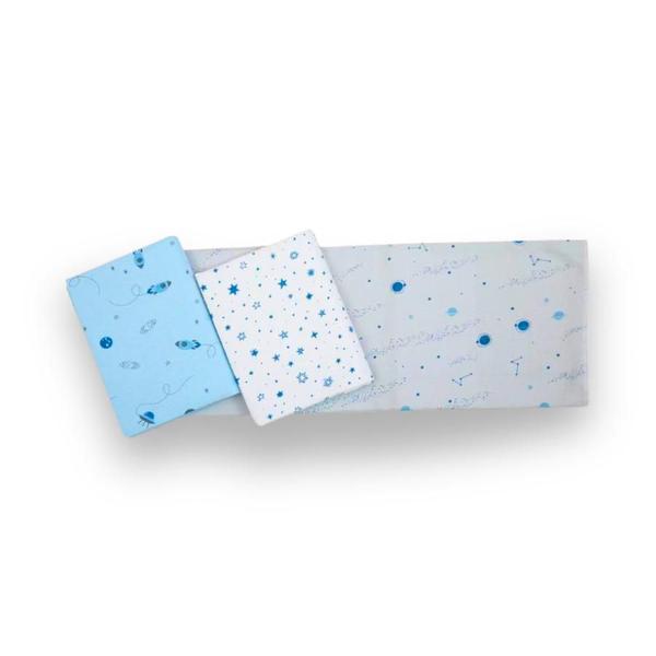 Imagem de Kit 3 Unidades Cueiro Flanelado Estampado para Bebê 100% Algodão 80cm x 50cm Azul