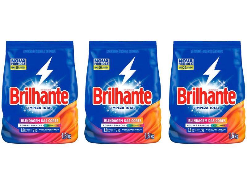 Kit 3 Unidades Sabão em Pó Brilhante Limpeza - Limpeza Total Blindagem das Cores 1,6kg Cad... Kit 3 Unidades Sabão em Pó Brilhante Limpeza - Limpeza Total Blindagem das Cores 1,6kg Cad...