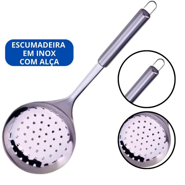 Imagem de Kit 3 Utensílio de Cozinha Colher de Arroz Concha em Inox Feijão e Escumadeira em Inox Linha Premium