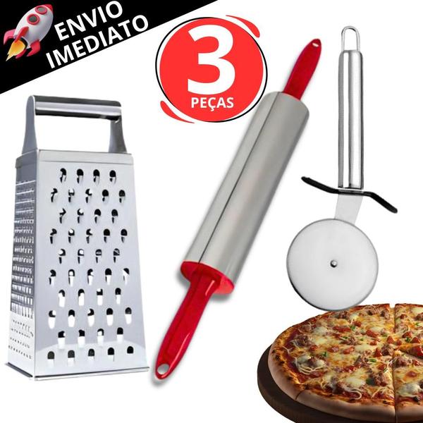 Imagem de Kit 3 Utensílio Para Pizza Ralador Em Inox N8 Cortador De Pizza Em Inox E Rolo Para Abrir Massa