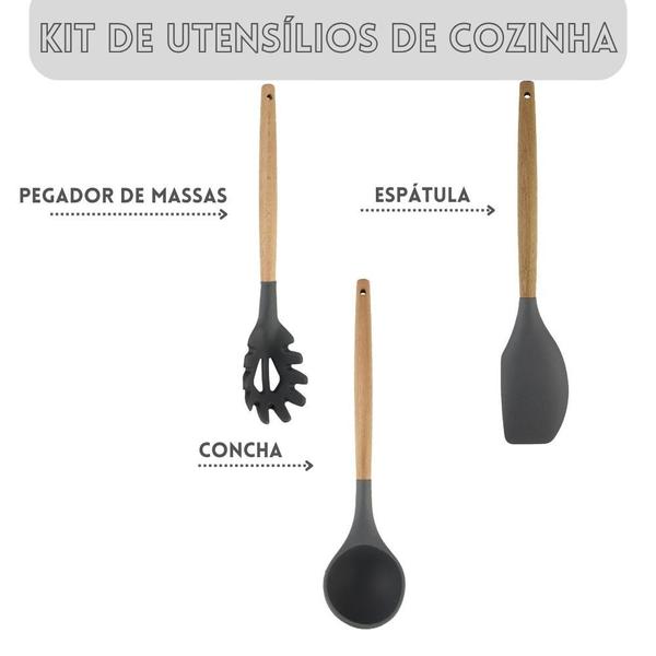 Imagem de Kit 3 Utensílios de Cozinha Em Silicone Cinza e Cabo Madeira