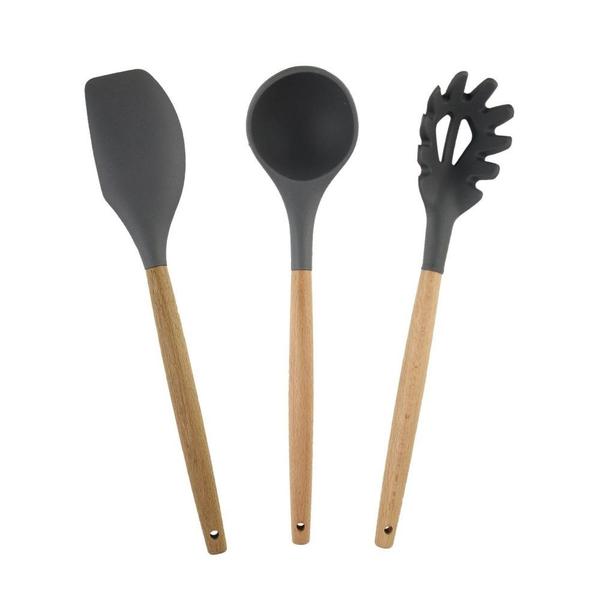 Imagem de Kit 3 Utensílios de Cozinha Em Silicone Cinza e Cabo Madeira