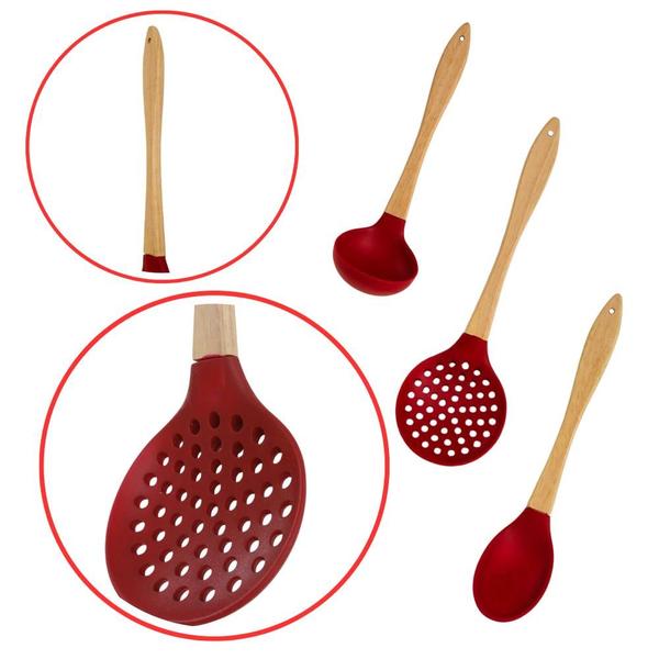 Imagem de Kit 3 Utensílios de Preparação Cozinha Silicone Cabo de Madeira Linha Cherry Wincy