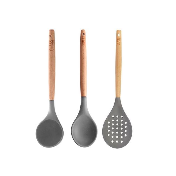 Imagem de Kit 3 Utensílios Espumadeira Colher Concha Bambu Silicone