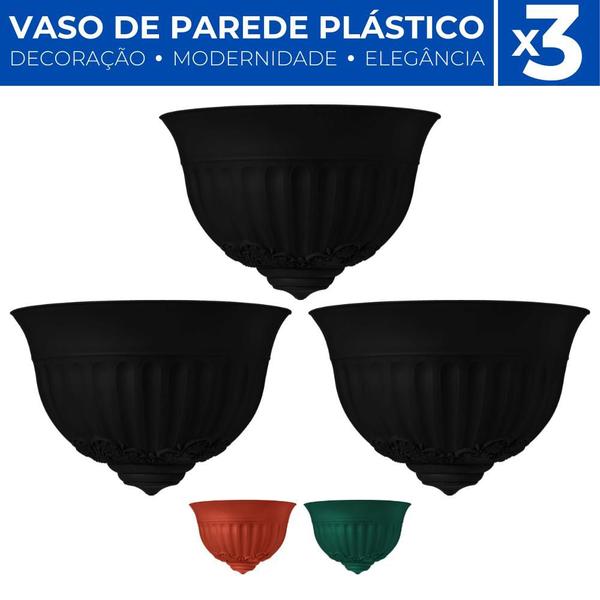 Imagem de Kit 3 Vaso Plástico Parede Meia Lua Decoração Plantas Jardim