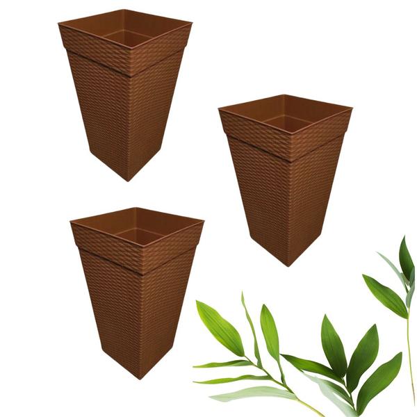 Imagem de Kit 3 Vasos Grande Quadrado Rattan Para Flores e Plantas 17,5 Litros - Marron