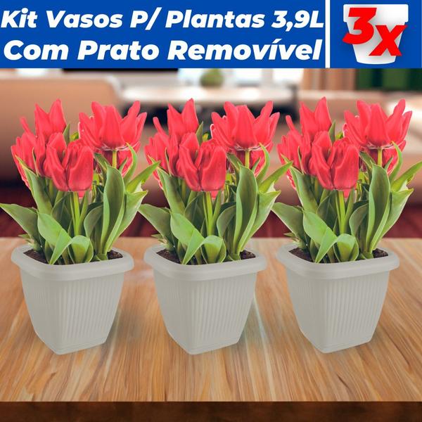 Imagem de Kit 3 Vasos Para Plantas C/ Prato Quadrado 3,9L Decorativo Casa Jardim