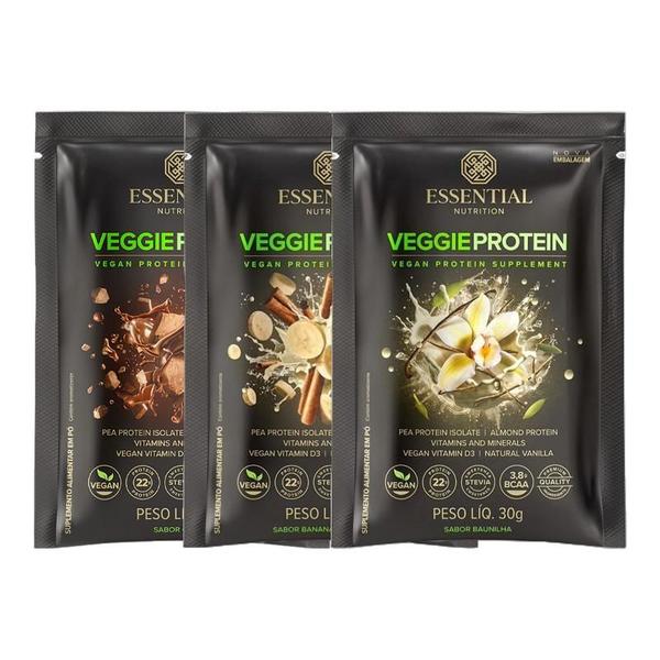 Imagem de Kit 3 Veggie Protein Sachê Essential Nutrition: Cacao, Banana com Canela, Vanilla