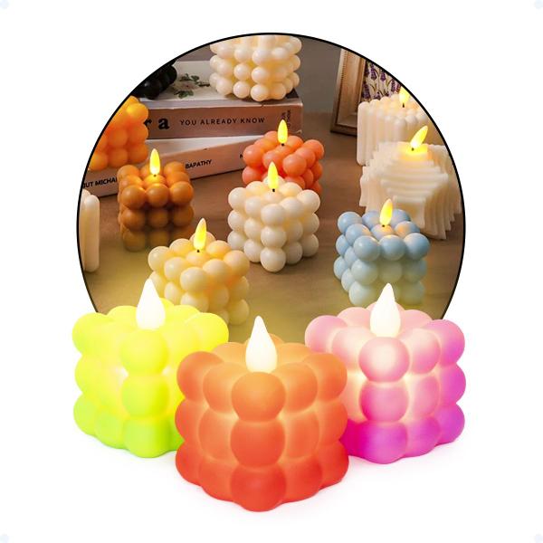 Kit 3 Velas Decorativas Colorida Eletrônica Bubble Quadrada - Hxt Imagem de Kit 3 Velas Decorativas Colorida Eletrônica Bubble Quadrada