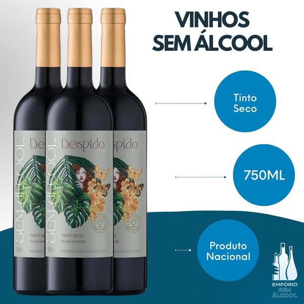 Imagem de Kit 3 Vinho Sem Álcool Despido Tinto Seco - 750Ml Nacional