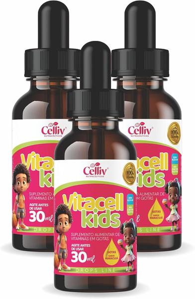 Imagem de Kit 3 Vitacell Kids Vit Complexo B (B1, B2, B3, B5, B6, B9 e B12) + Vit A, D, E e K 30ml Celliv