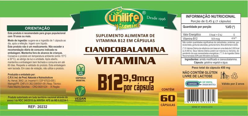 Imagem de KIT 3 VITAMINA B12 CIANOCOBALAMINA 60 Cáps 450mg UNILIFE