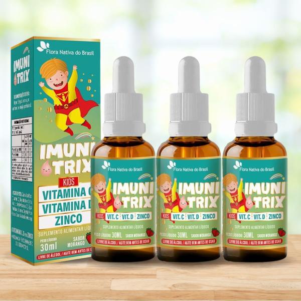 Imagem de Kit 3 Vitaminas C D e Zinco Imunitrix Kids Gotas Sabor Morango 30ml Flora Nativa