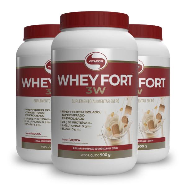 Imagem de Kit 3 Whey Fort 3w Vitafor 900g Paçoca