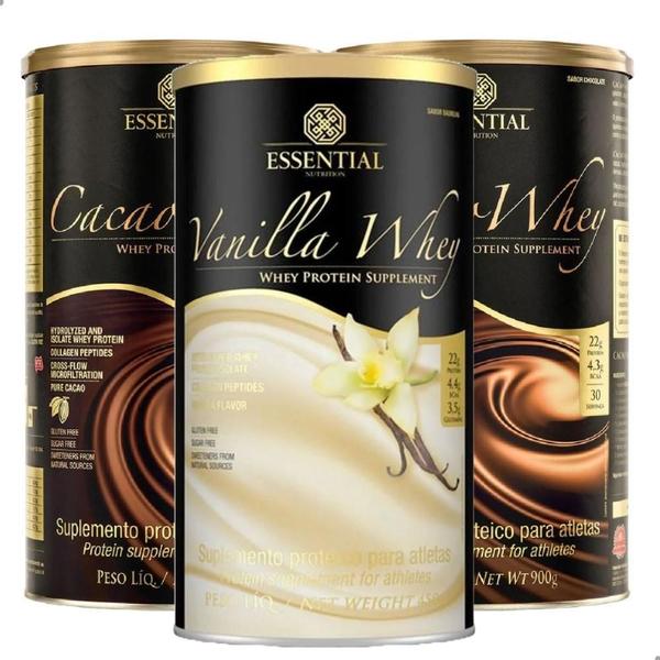 Kit 3 Whey Protein Baunilha/Cacau 900G Essential Nutrition Imagem de Kit 3 Whey Protein Baunilha/Cacau 900G Essential Nutrition