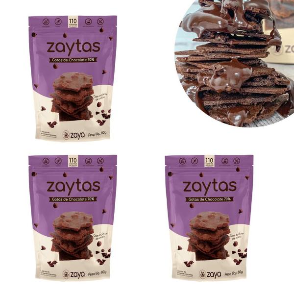 Kit 3 Zaytas Gotas De Chocolate 70% Lascas Brownie S/ Gluten 85g - Zaya Imagem de Kit 3 Zaytas Gotas De Chocolate 70% Lascas Brownie S/ Gluten 85g
