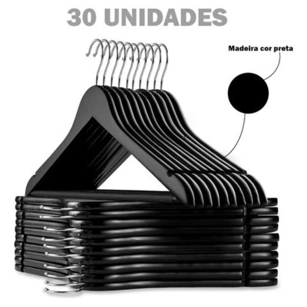 Imagem de Kit 30 Cabide De Madeira Preto Resistente Ótima Qualidade