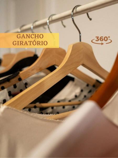 Imagem de Kit 30 Cabides de Madeira Premium Gancho Cromado Giratório 360 Para Roupas Calça Blusa Organização