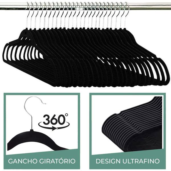 Imagem de Kit 30 Cabides De Veludo Slim Preto Antideslizante Ultrafino